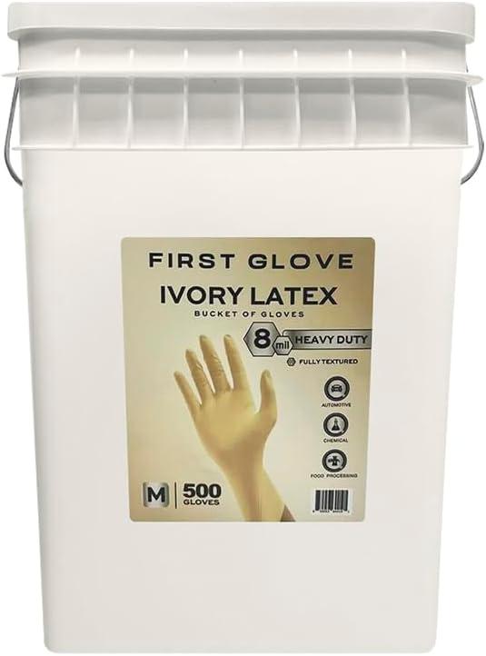 First Glove LATEX 8 Mil Bucket Fully Textured Ivory Gloves - Heavy Duty Gloves for Industrial & Automotive Work 500ct (Medium)