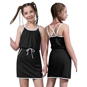 Mirawise Girls Summers Dresses with Shorts Casual Spaghetti Straps Crisscross Back 2 Piece Beach Dress Black Size 6 7