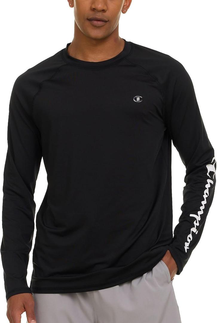 Champion Rash Guard for Men, Long Sleeve Mens Swim Shirt for Fishing Hiking UPF+ 50 SPF Sun UV Protection, Quick Dry (Black, XXL)