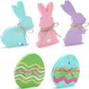 5 Pcs Easter Table Decor, Rabbit Eggs Signs with Jute Rope, Bunny Decor Farmhouse Table Centerpieces Wooden Decorations, Easter Party Decorations for Home Office Desk Tabletop