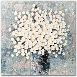 Waowumar Flowers Canvas Wall Art Blue and White Blossom Pictures Contemporary Palette Knife Floral Textured Painting for Bedroom Living Room Decor