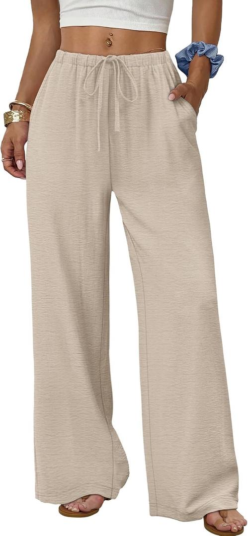 Sampeel Linen Pants Women Wide Leg Palazzo Pants Flowy Casual Summer Outfits Fashion Beach Vacation Clothes Plus Size Spring Drawstring Elastic Waist Trouser Khaki XL