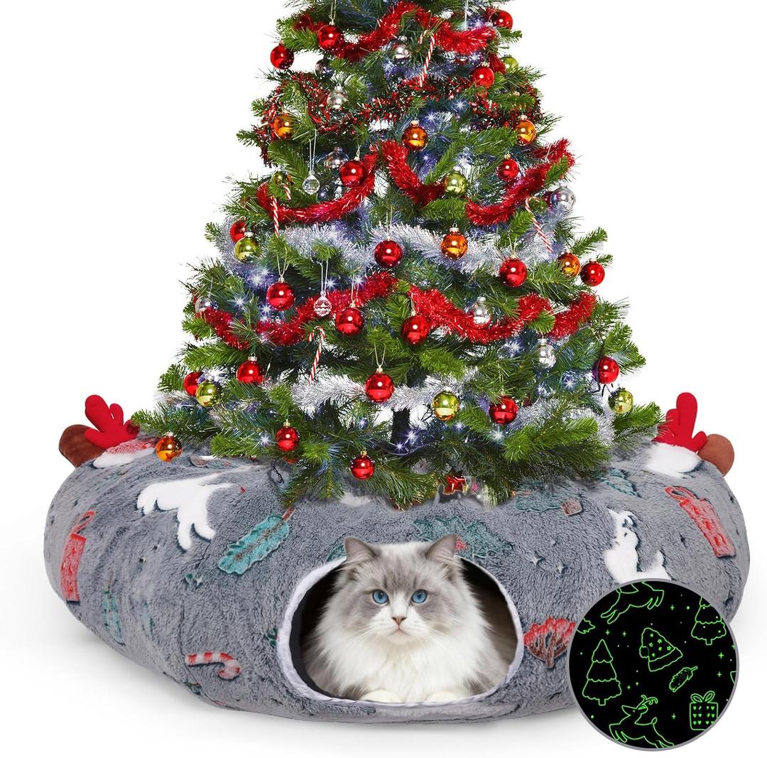 Cat Tunnel Christmas Tree Skirt, Cat Tunnel Bed, Cat Donut Tunnels Bed for Indoor Cats, with Washable Cushion, Hanging Toy Ball, Christmas Tree Protector & Decoration