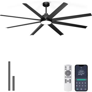 72'' Ceiling Fan with Light - Remote & APP Control, 3 CTT Dimmable, 6 Speed Reversible DC Motor Fan for Shop, Garage, Covered Outdoor, Black, 72 Inch 8 Blades