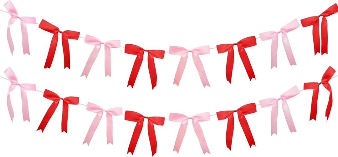 2pcs Pink & Red Bow Garland Banner, Bow Satin Ribbon Decorations for Christmas Valentine Holiday Birthday and Bridal Shower Party Decor (Red & Pink)