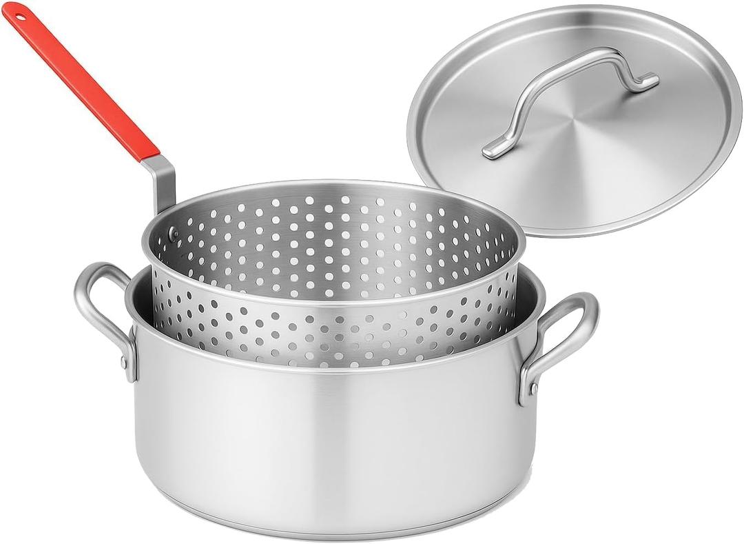 10QT Aluminum Fish Fryer Pot with Basket and Lid-Deep Fry Pot for Fish, Chicken, French Fries