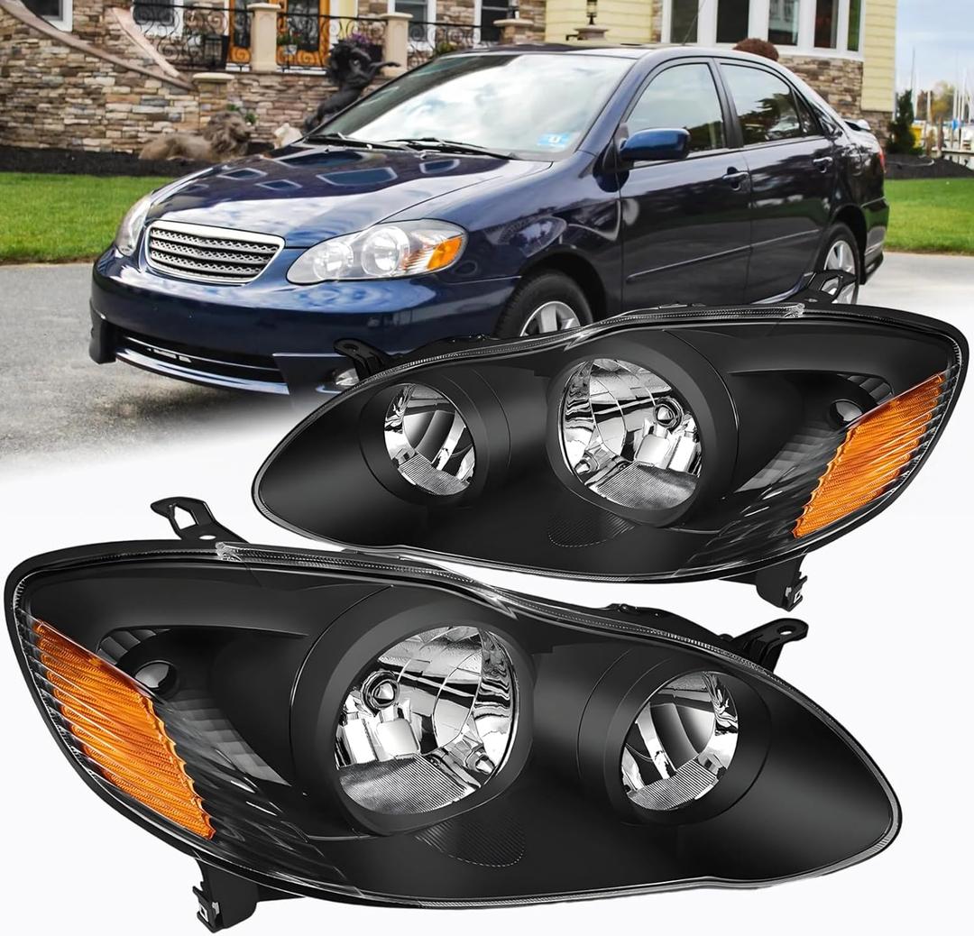 2PCS Headlights Assembly Set For 2003 2004 2005 2006 2007 2008 Toyota Corolla CE LE S XRS Sedan Replacement Headlamps Matte Black Housing Amber Reflector Clear Lens Left and right Bumper lights