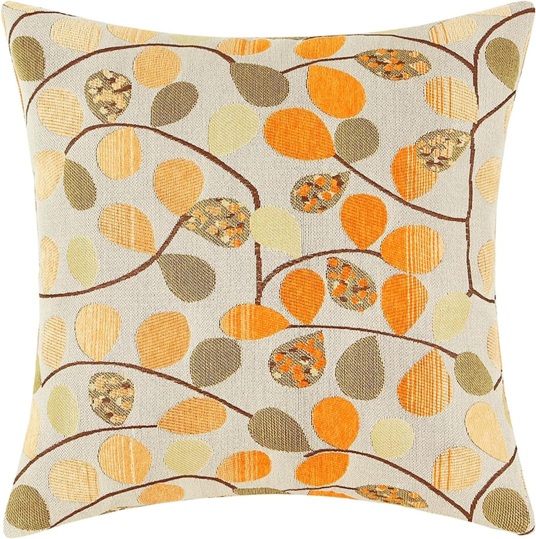 CaliTime Throw Pillow Covers Luxury Chenille Cute Leaves Decorative Cushion Case Shell for Couch Sofa Home 16 X 16 Inches Ecru Orange