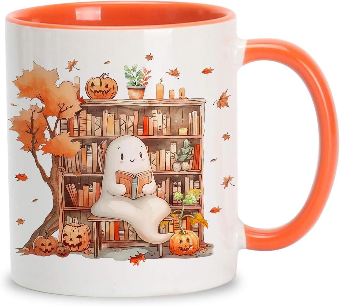 Hyturtle Fall Coffee Mug, Cute Ghost Reading Book Mug, Maple Leaves Pumpkin Autumn Gifts For Men Women On Birthday Thanksgiving Christmas, Book Lovers Gifts, 11oz White Orange Ceramic Coffee Tea Cup