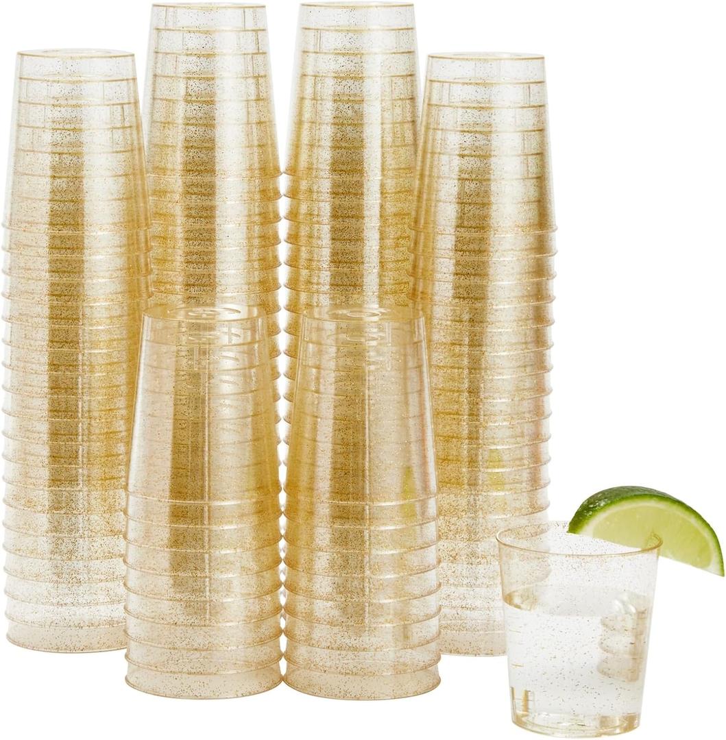 Juvale Shot Glasses - 2 oz Gold Glitter Plastic, 100 Count - Disposable Plastic Shot Glasses & Shooter Cups for Weddings & Birthdays - Recyclable Party Cups