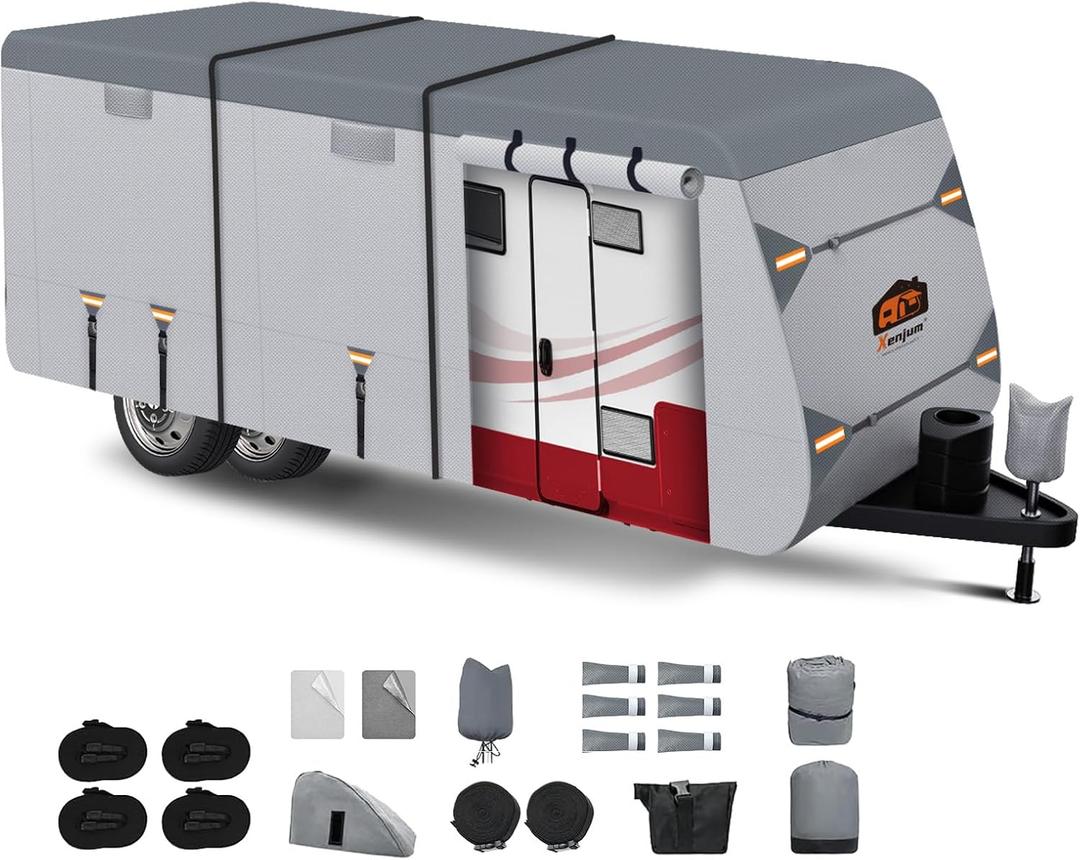 RV Cover for 14-16 ft Travel Trailers, 7 Layers Heavy Duty Camper Cover, Weatherproof & UV Resistant Motorhome Trailer Cover with Gutter & Tongue Jack Covers