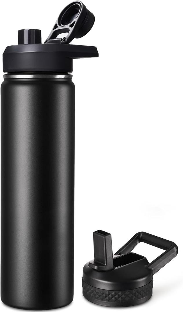 Fijinhom 24 oz Insulated Water Bottle with Handle, 304 Stainless Steel Water Bottles with 2 Lids, Double Wall Vacuum Sports Water Cup with Straw, BPA Free, Keep Cold and Hot, Black