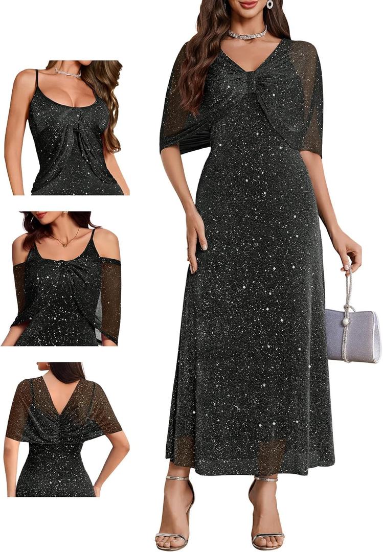 BeryLove Women Sequin Formal Party Dress Sparkly Cocktail Evening Prom Gown Wedding Guest Dresses with Shawl 0033 Black L