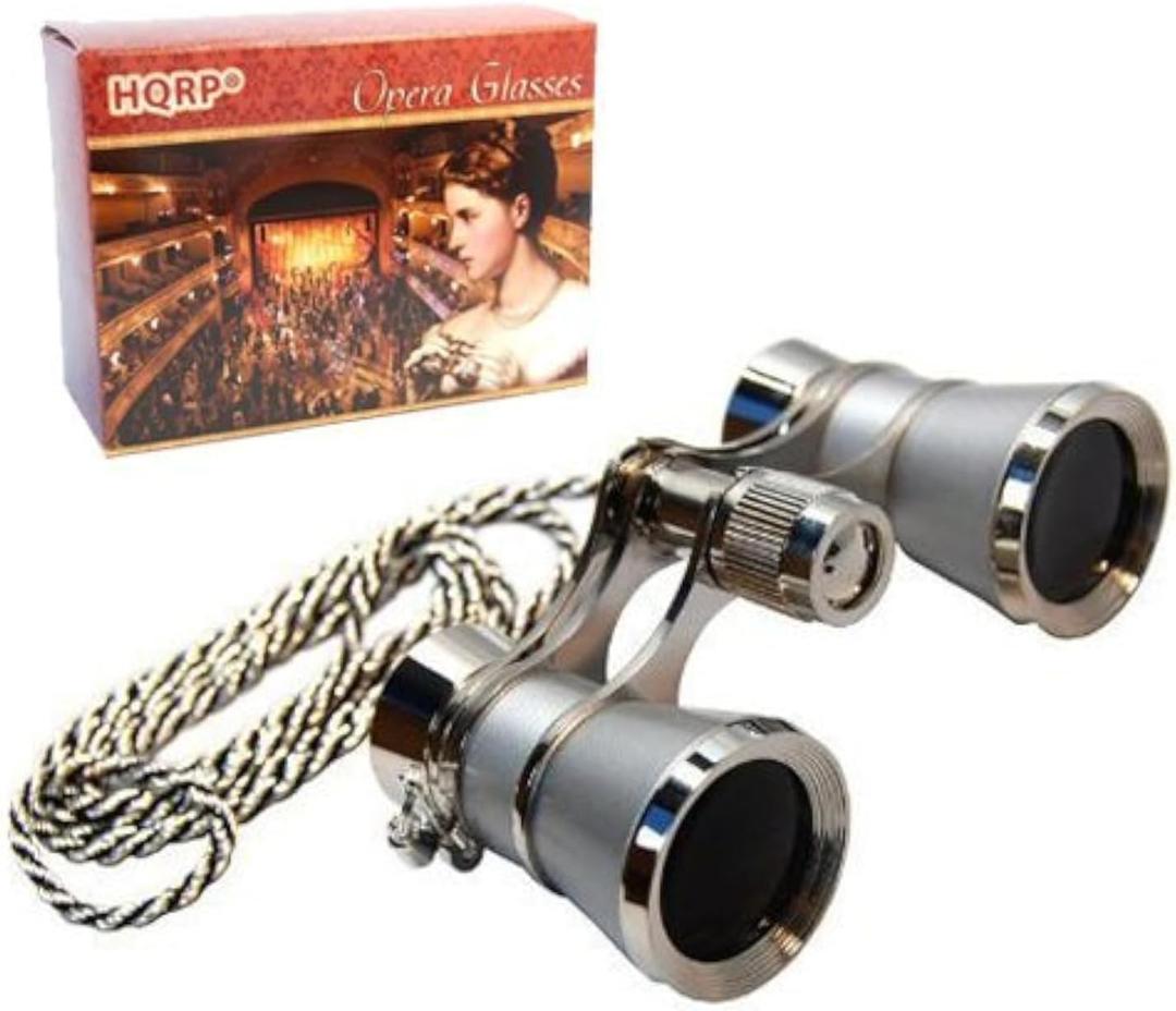 3 x 25 Opera Glasses w/Crystal Clear Optic (CCO) Platinum with Silver Trim w/Necklace Chain by HQRP