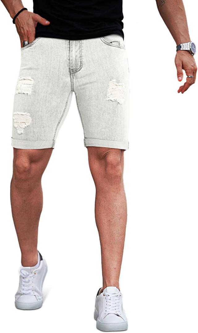 GINGTTO Mens Denim Shorts Ripped Skinny Stretch Jean Shorts Men (34, Light Grey Ripped)