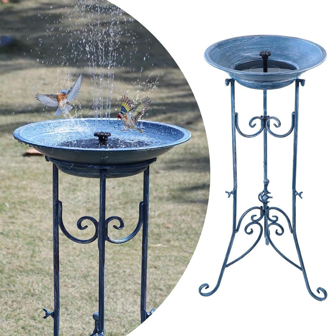 Multifunctional Solar Bird Bath for Outside, Metal Birdbath Stand and Solar Fountain Bird Bath Bubbler Combo Set, Solar Birdbaths for Outdoors Garden Lawn Yard DecorBlue