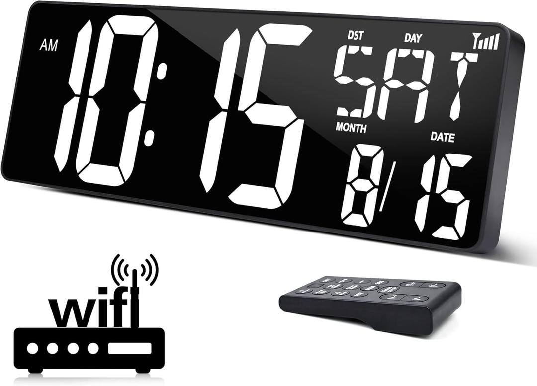 XREXS 16.5 in Large Display Wall Clock with Temperature/Date/Week, LED Big Digital Timer Clock with Remote Control, Alarm Clock for Home and Office, Auto-dimming