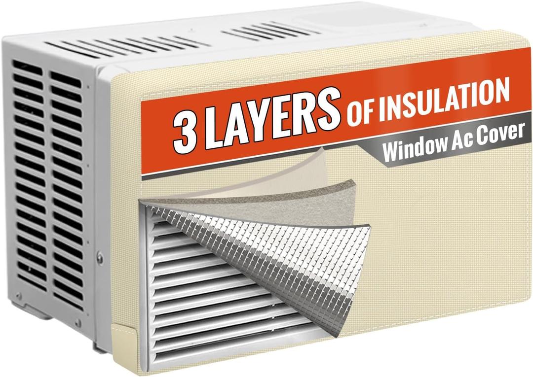 AC Covers for Inside to Protect AC and Winter Insulation, 3 Layers Insulation Air Conditioner Covers for Window Units with Aluminum Foil and 2mm Foam, 25" W x 17" H x 3.5" D - Beige