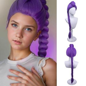 Kids Purple Braid Wigs Light Purple 2 pieces Wig for Girls Children Short Lavender Purple Wig with a detachable Braid Daily Party Halloween Costume Wigs