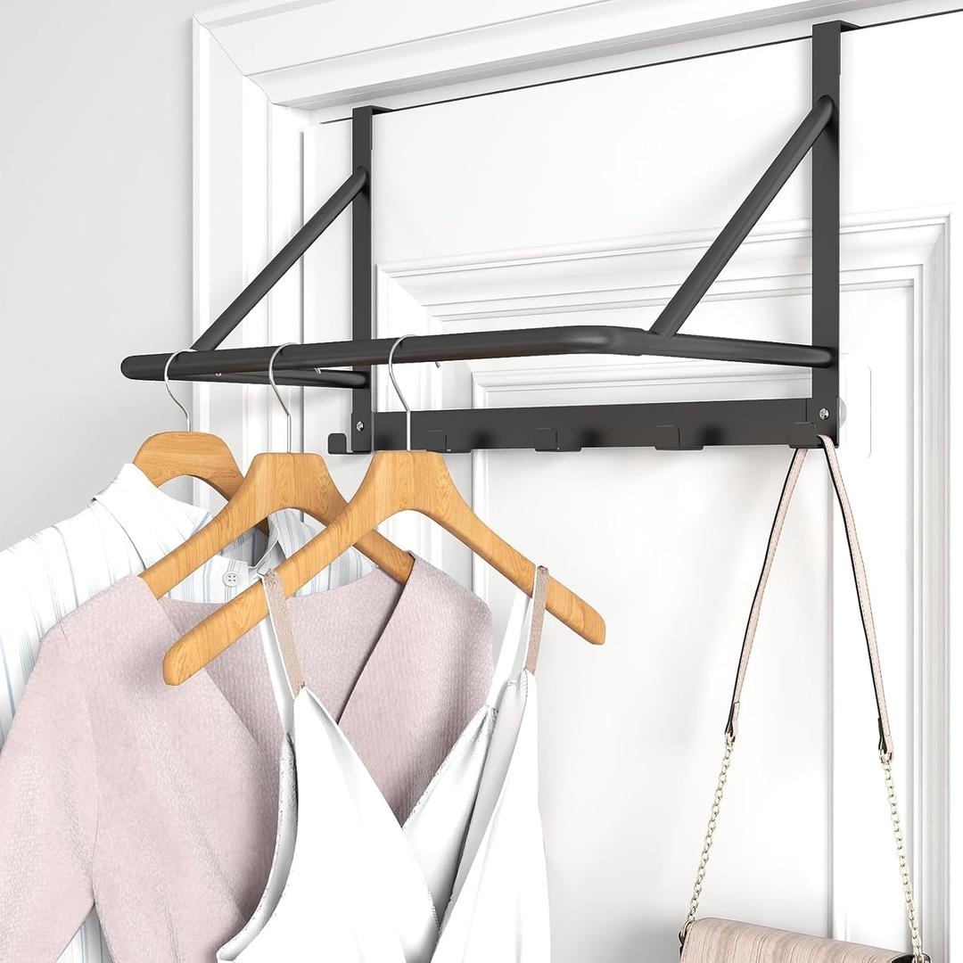 Over The Door Clothes Hanger, Metal Clothes Rack for Door with 5 Hooks, Over The Door Hanger for Bathroom, Laundry, Bedroom, Washroom, Fits Door Up to 1.97", Matte Black