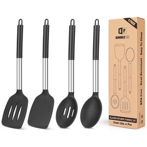 Pack of 4 Silicone Cooking Utensils Set, Non Stick Large Solid Spatulas, Heat Resistant Stainless Steel Black Slotted Spoons, Ideal BPA Free Kitchen Turners for Frying, Mixing,Serving,Draining,Turning