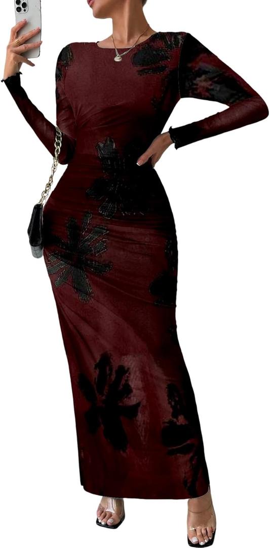 MARZXIN Women Long Sleeve Maxi Dress Bodycon Ruched Formal Slim Fit Tie Dye Dress Formal Mesh Dress (Red, M)