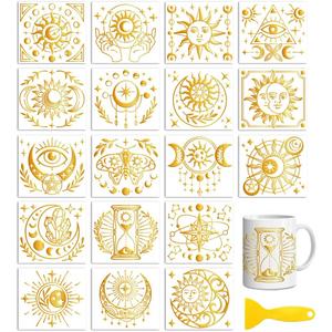 Peacoblue 18 Sheets Rub on Transfers for Crafts, Golden Sun and Moon 3.6"x3.9" UV DTF Cup Wraps Waterproof Rub on Cold Transfers Stickers for Wood Glass Metal Cup Tumblers Mirrors Mugs Home Decor