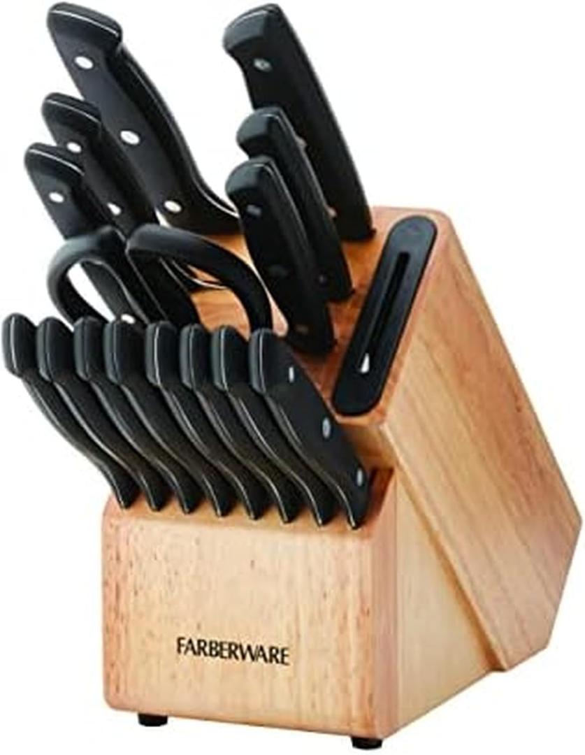 Farberware Edgekeeper Triple Rivet Block Set with Built in Knife Sharpener, 16-Piece, Black