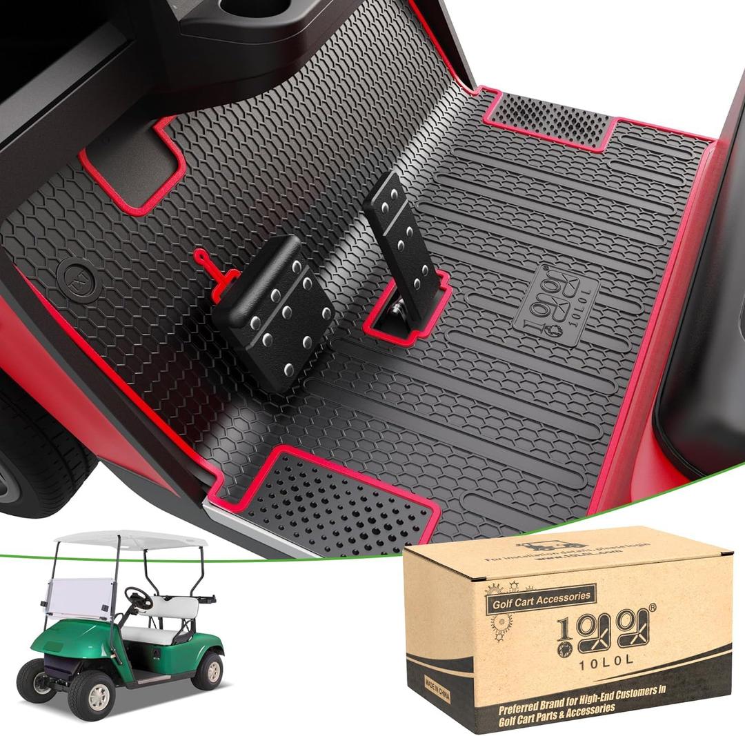 10L0L Golf Cart Floor Mat for EZGO TXT 1994-UP, Full Coverage Floor Liner Mat with Grass-Scraping Design, Honeycomb Pattern - Black Trim/Red Trim