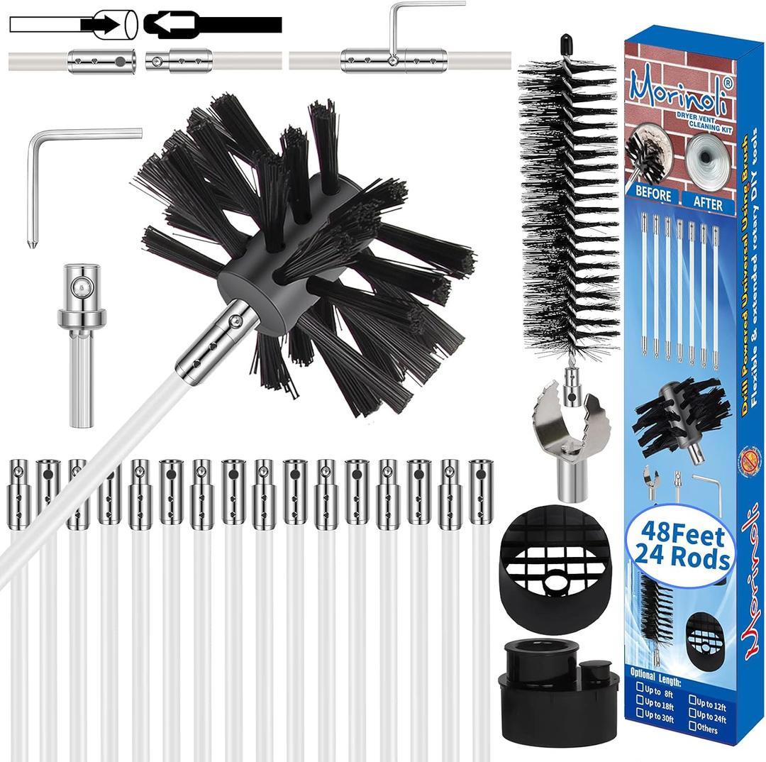 48 Feet Dryer Vent Cleaning Kit, Chrome Button Locking System, Lint Removes, Dryer Vent Cleaning System, Dryer Vent Cleaner Kit Vacuum Attachment with Vacuum Adapter, Dryer Adapter