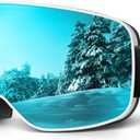 Lamicall Ski Goggles with 3X Anti-Fog - 100% UV Protection, OTG, Gifts for Skiing, Snowboard, Snowmobile, Men, Women (White Frame - Green Blue Lens)
