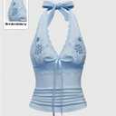 OYOANGLE Women's Y2k Halter Tank Tops Floral Embroidery Bow Lace Trim Ruched Fitted Sleeveless Going Out Top (Blue, L)
