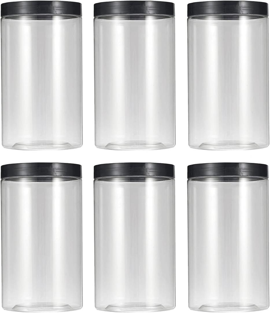 43oz (1280 ml) Clear Plastic Jars with Smooth Black Lids and Labels (6 Pack), Wide Mouth, BPA Free, PET Jars Bulk for Home & Kitchen Pantry Organization and Storage (Black)