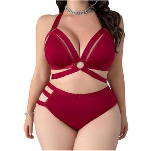 SOLY HUX Women's Plus Size Cutout Sexy Lingerie Set 2 Piece Matching Bra And Panty Sets (XX-Large Plus, Pure Burgundy)