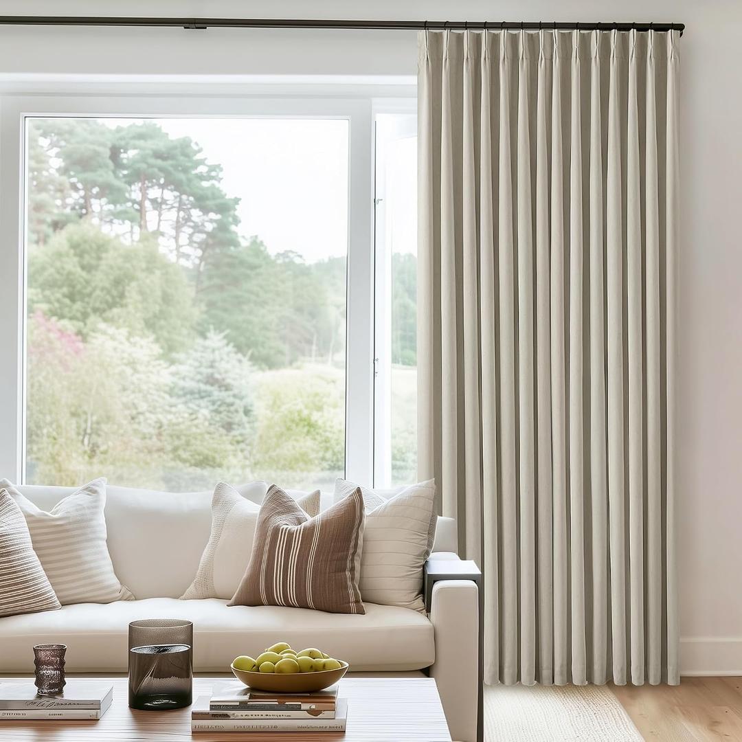Oatmeal Beige Pleated Linen Blackout Curtains 90 Inches Long for Bedroom Living Room Pinch Pleat Black Out Thermal Insulated Neutral Ring Hooks Back Tab Room Darkening Drapes Curtains with Liner