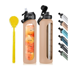 32 oz Glass Water Bottles with 2 Lids-Handle Spout Lid & Straw Lid 1 Liter Motivational Borosilicate Water Bottle with Silicone Sleeve and Time Marker, Leakproof