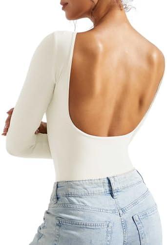 SUUKSESS Women Backless Y2k Long Sleeve Bodysuit Double Lined Open Back Sexy Basic Top, S, Pearl