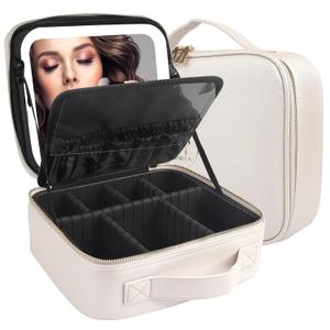 MOMIRA Travel Makeup Bag Cosmetic Bag Makeup Organizer Bag with Lighted Mirror, Adjustable Brightness in 3 Color Scenarios, Waterproof Makeup Train Case, Gift for Women - Khaki (Small)