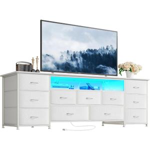 Huuger 63 Inch TV Stand for 65, 70 Inch TV, 11 Drawer Long Dresser with Power Outlets and LED Lights, Entertainment Center with Storage, White Dresser with PU Leather Surface