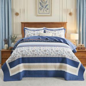 100% Cotton Oversized Queen Bedspread 102"x120" - Lightweight Vintage Farmhouse Quilt with 2 Pillowshams, Reversible Printed Floral Striped Bedding Coverlet Set, 3 Pcs, Dark Blue/Brown/Cream