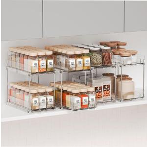 Yieach 4 Pack 2 Tier Vertical Spice Rack Pull Out,10.4'' Deep Narrow Slide Out Spice Rack Organizer for Inside Cabinets,Kitchen,Pantry,Cupboard Seasoning,Can,Jar Organizer and Medicine Cabinet Storage (Clear-2 Drawer)