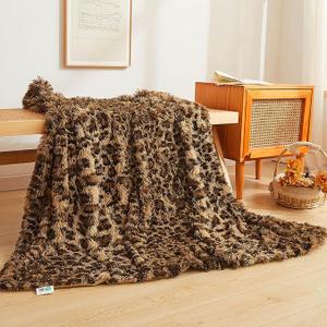 Luxury Faux Fur Leopard Print Throw, Soft 50x60 Cheetah Print Fluffy Blanket, Shaggy Plush Decorative Couch Throw, Cute Furry Fuzzy Animal Print Blanket for Sofa Bed, Brown