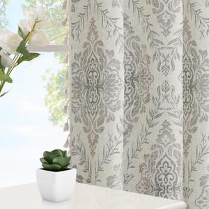 ColorBird Gray Linen Curtains for Living Room,Vintage Grommet 84 Inch Length 2 Panels Set Dining Room Curtains, Farmhouse Damask Pattern Light Filtering Drapes for Bedroom (52"W x 84"L (Pack of 2), Grey)
