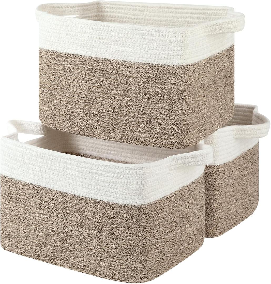 Storage Basket for Organizing, Woven Baskets for Storage, Rectangle Decorative Baskets for Shleves, Closet, Toys, Books, Nursery Organizer Bins - Pack of 3 (Brown & White, 13"x9.85"x8.7")