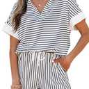 KevaMolly Womens Lounge Sets V Neck Tee and Casual Short Set Casual Pocket Decoration Two Piece Sets (White, XL)