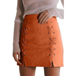 katiewens Women's Classic High Waist Lace Up Bodycon Faux Suede A Line Mini Pencil Skirt L