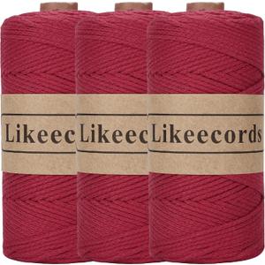 Likeecords 100% Cotton Crochet Yarn for Bag, 3 rolls/ pack 2mm x 510m, Macrame Cord, Chunky Yarn for Crocheting Handbag, Purse, Blankets Crafts Projects (Wine Red)