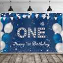 Happy 1st Birthday Backdrop Banner Blue Newborn Boys First Birthday Backdrop Photo Studio Photography Background for 1st Birthday Baby Shower Party Decorations Supplies 71.8 x 43.3 Inch