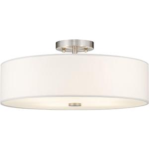 Livex Lighting 51055-91 Meridian Collection 4-Light Semi Flush Mount Ceiling Fixture with Off-White Fabric Hardback Drum Shade, Brushed Nickel, 18"L x 18"W x 8.13"H