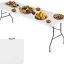FDW 6FT Folding Table, Portable Fold-in-Half Plastic Picnic Party Table with Carrying Handle White, 6FT